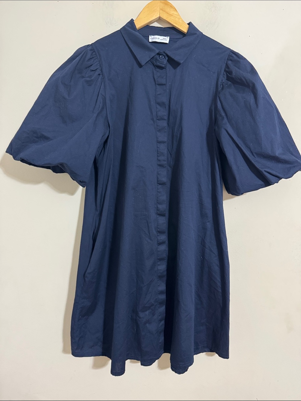Civico 51 Navy Puff Sleeve Shirt Dress size L Minimalist Business Casual Cottage
